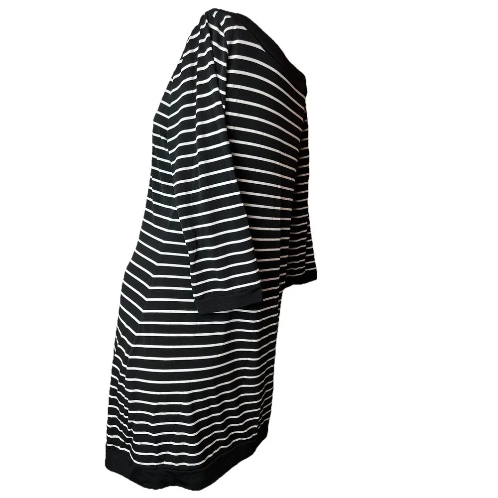 White House Black Market Tunic Dress L Black White Stripes Boat Coastal 3/4 Slv